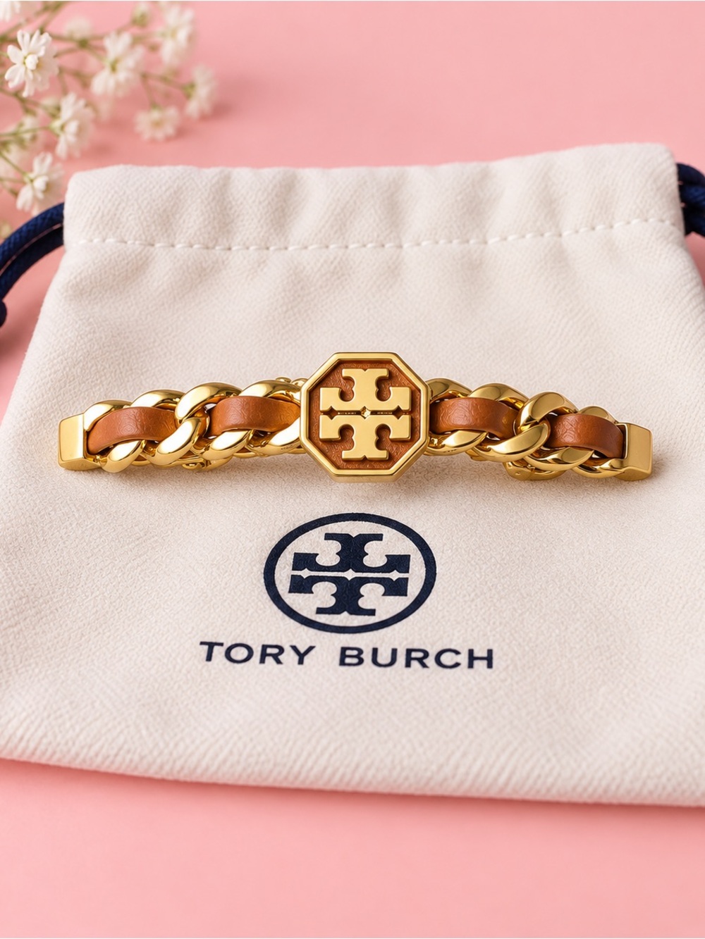 Tory Burch Gold-Tone and Brown Leather Logo Chain Hair Clip